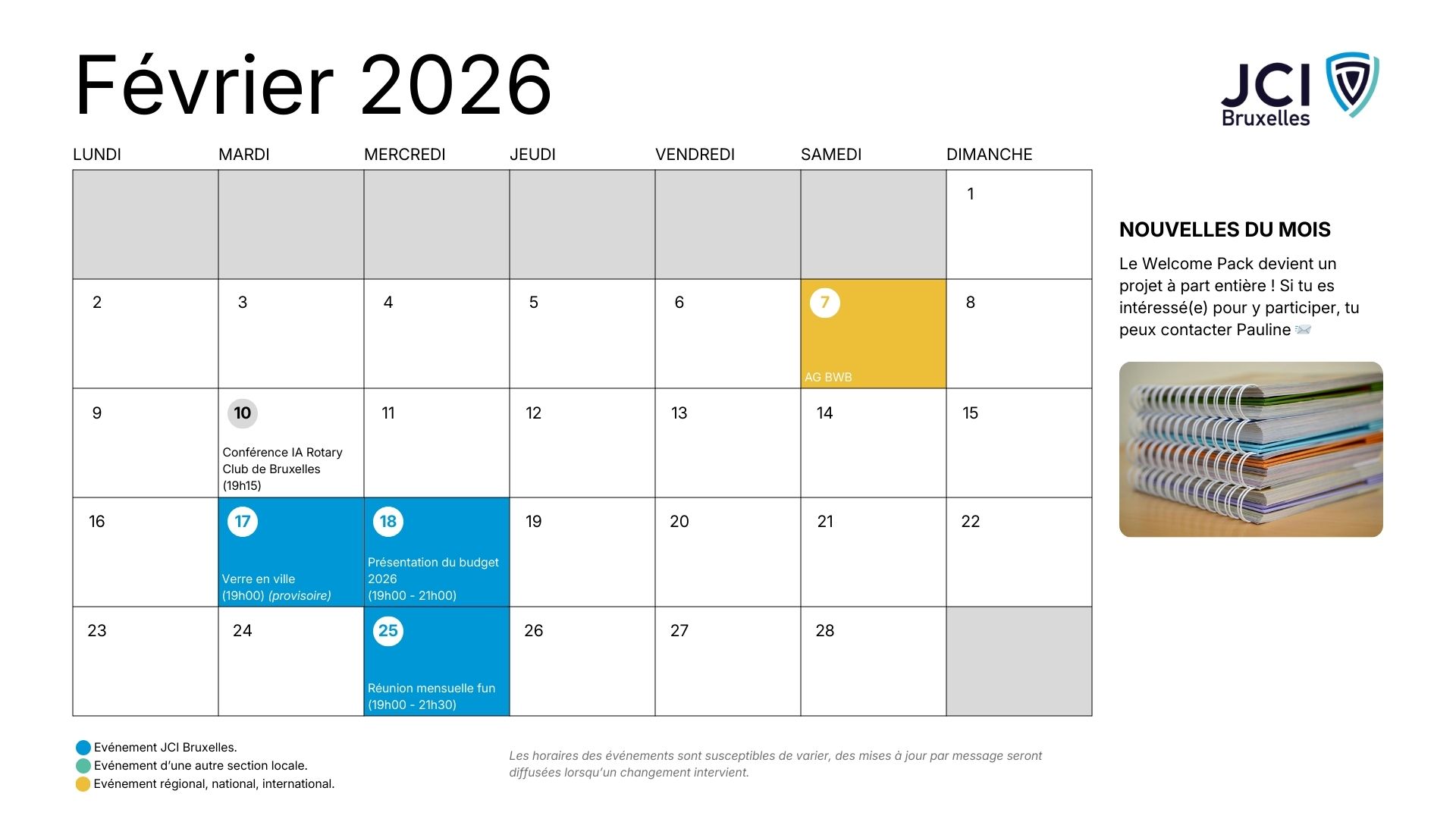 Calendrier du mois de Février 2026