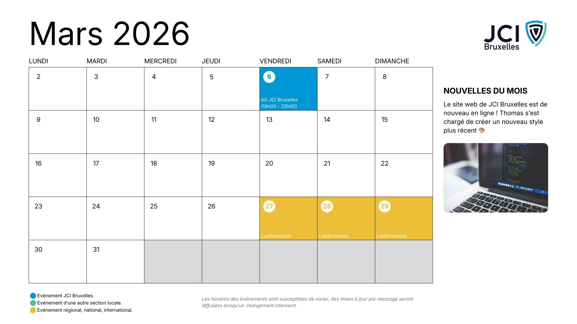Calendrier du mois de Mars 2026